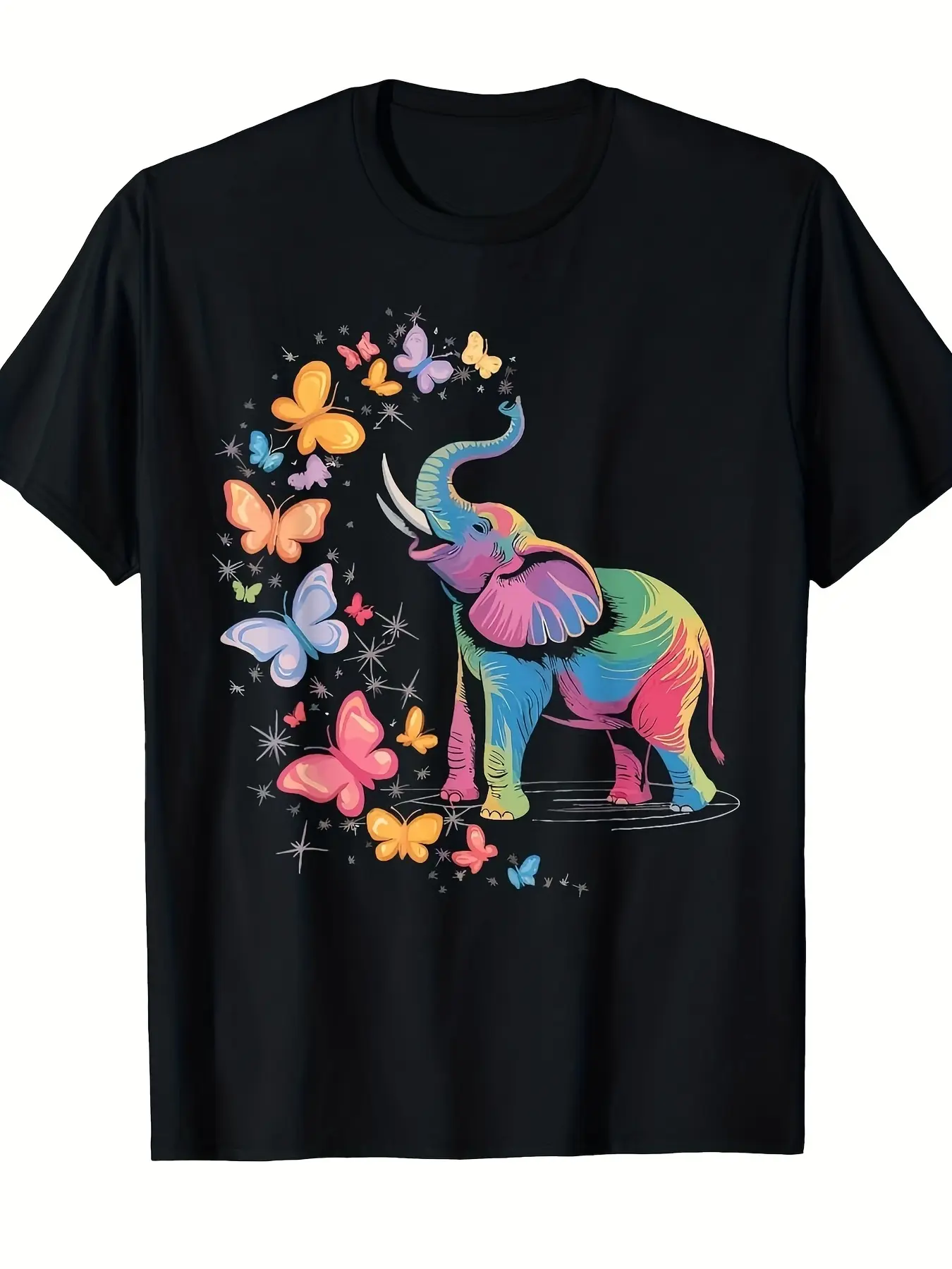 2026 New Rainbow Elephant & Butterflies Graphic Men's Short-Sleeve Round Neck Streetwear T-Shirt, Sunny Summer Casual Breathable Crew Neck Tee for Outdoor Elephant Lovers, Shortsleeve