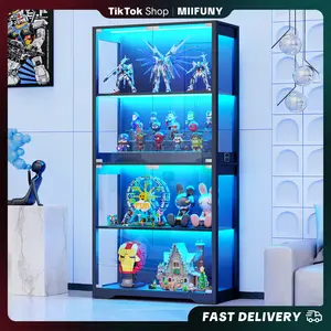 MIIFUNY Display Cabinet with Glass Doors, Storage Cabinet with 3 Color Light, 4-Tier Curio Cabinet&Bookcase for Collectibles, Toys, Books, for Playroom, Bedroom, Study Room, Black