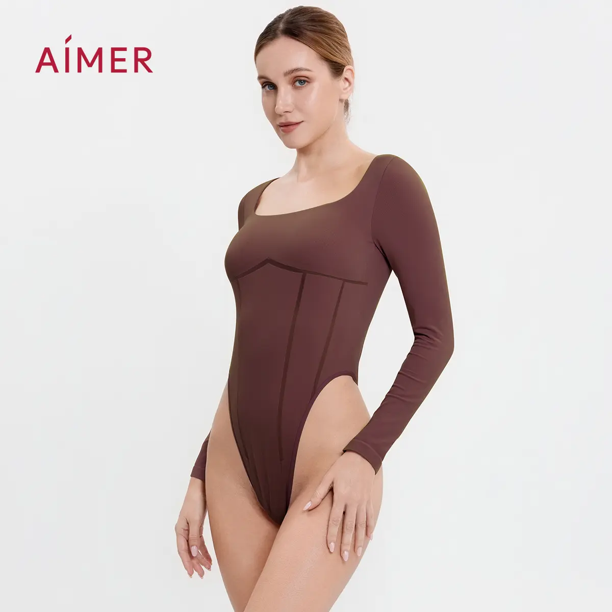 AIMER Lightweight Seamless Bodysuit Stretchy Breathable Fabric Soft Skin-Friendly Snag-Resistant Comfy All-Day Comfort 3-Way Wear Versatile Fashion Bodysuit for Lounge Office Street Fall Style Layering Everyday Womenswear