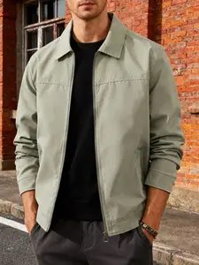 Men's Casual Slim Fit Jacket, Coats, Polyester Fabric Zipper Closure Design, Plain Color Versatile Outerwear for Spring & Fall