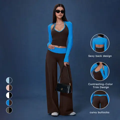 Tenwolf Women's 2 Piece Autumn Casual Sports Color-Block Backless Halter Long Sleeve Gym Workout Set - Shawl-Style Fitted Top + High-Waisted Wide-Leg Pants, Plush Soft Stretchy Clothes for Women, Suitable for Yoga, Everyday Wear, Soho Chic, 2 Piece Sets