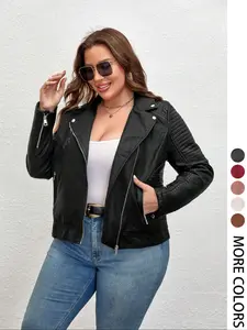 Women's Plus Size Plain PU Jacket with Zipper, Casual Fitted Outerwear for Spring & Fall