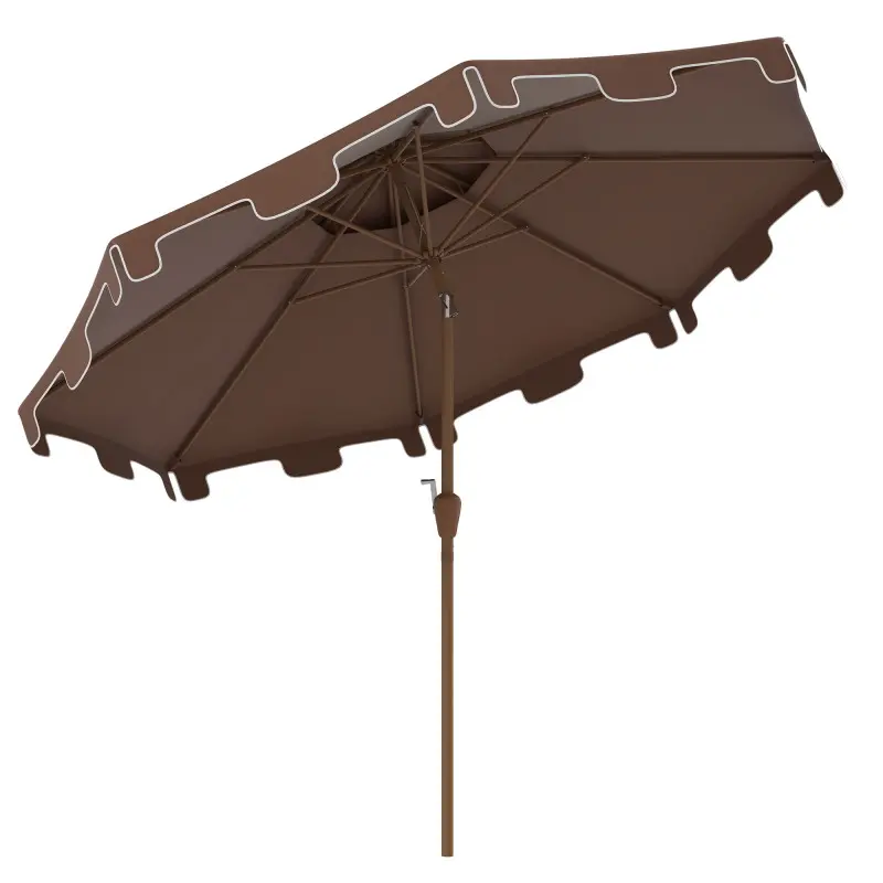9' Brown Double Top Ruffled Patio Deck Umbrella - Crank Lift, Push Button Tilting, Latch, 8-Rib Vented, Waterproof UV-Resistant, Keeps Friends and Furniture Cool for Garden, Pool