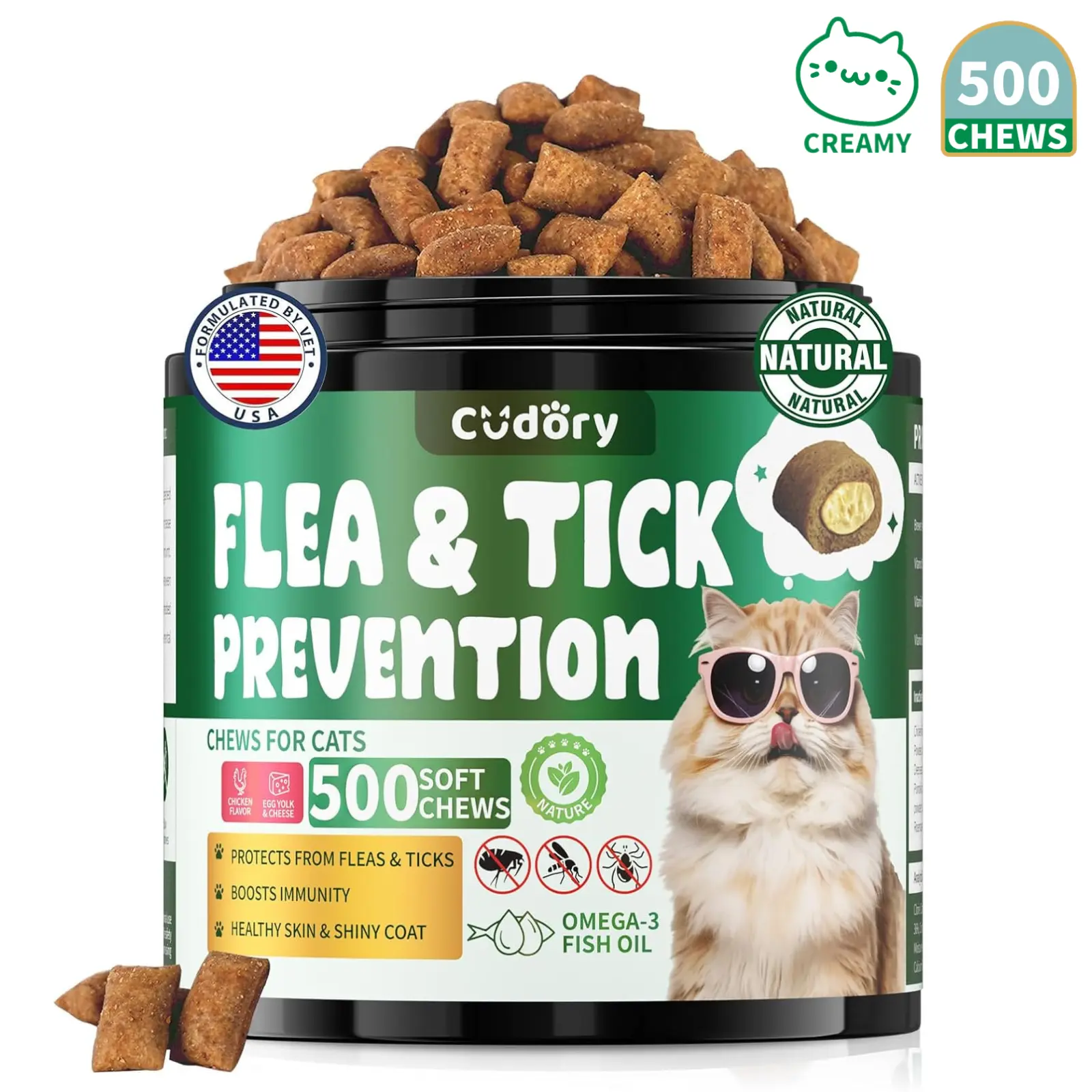 Flea and Tick Chewables for Cats, 500 Ct with Brewer Yeast Vitamin, Cat Skin & Coat | Multi-Vitamin Support for All Breeds & Ages – Chicken Flavor