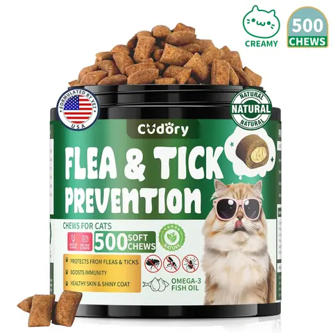 Cudory Cat Flea and Tick Chewables, 500 Chews Chicken & Creamy Cheese Flavor with Brewer Yeast Vitamins - Daily Care for All Breeds, Kittens & Ages, Natural Defenses, Skin Coat Support & Digestive Remedy