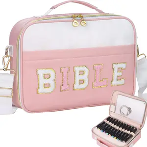 Bible Cover Case for Women,Large Leather Bible Carrying Cases Christian Gifts for Women Men Girls,Preppy Chenille Letter Bible Bag Bible Purse with Shoulder Strap,Pink