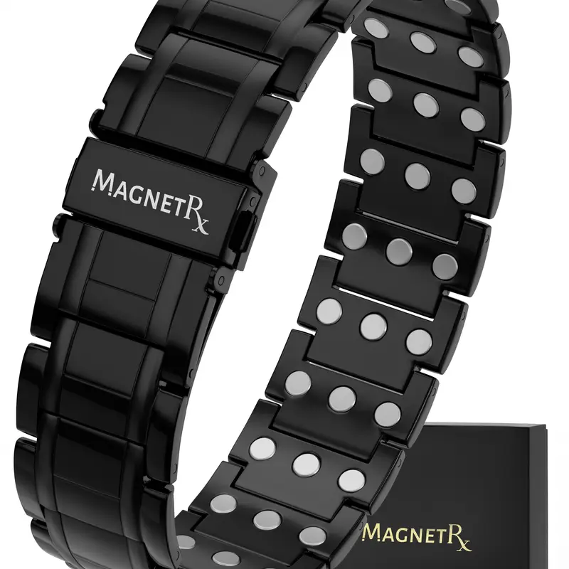 MagnetRX 3X Strength Titanium Magnetic Bracelet for Men (Black) - 57 Neodymium Magnets Fold-Over Clasp - Waterproof, Hypoallergenic, Sizing Tool & Gif Box