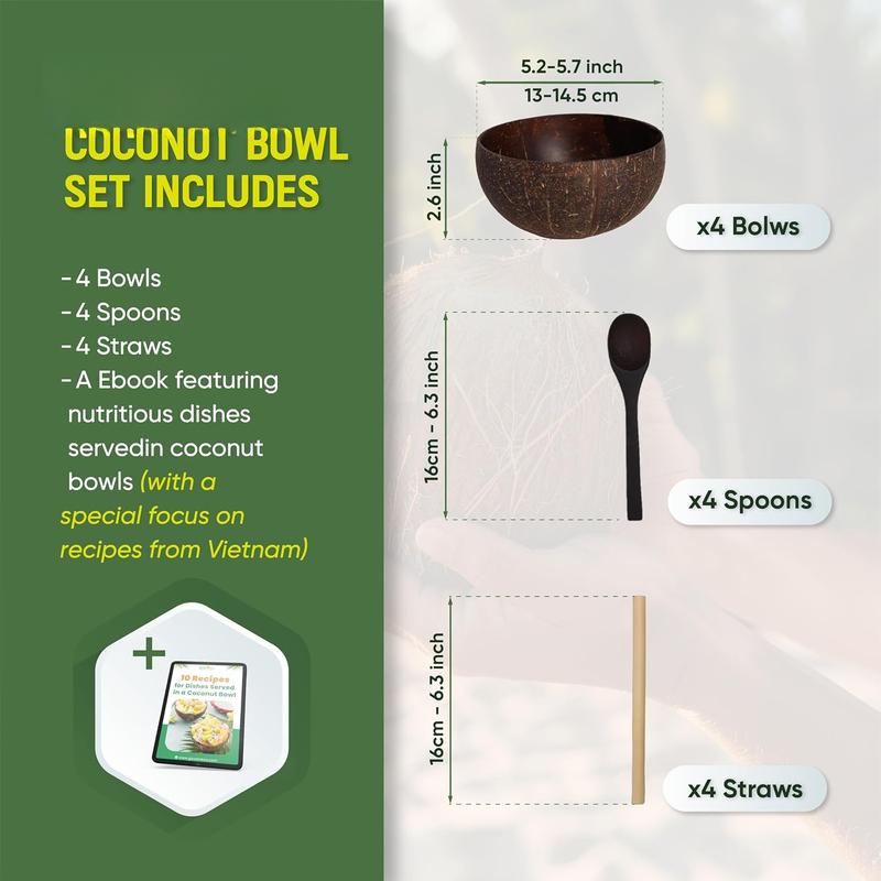Coconut Bowl with Wooden Spoon and  Straw - Vegan , Made from   Coconut Shells for Smoothies, Acai & Buddha Bowls (4, Polished)