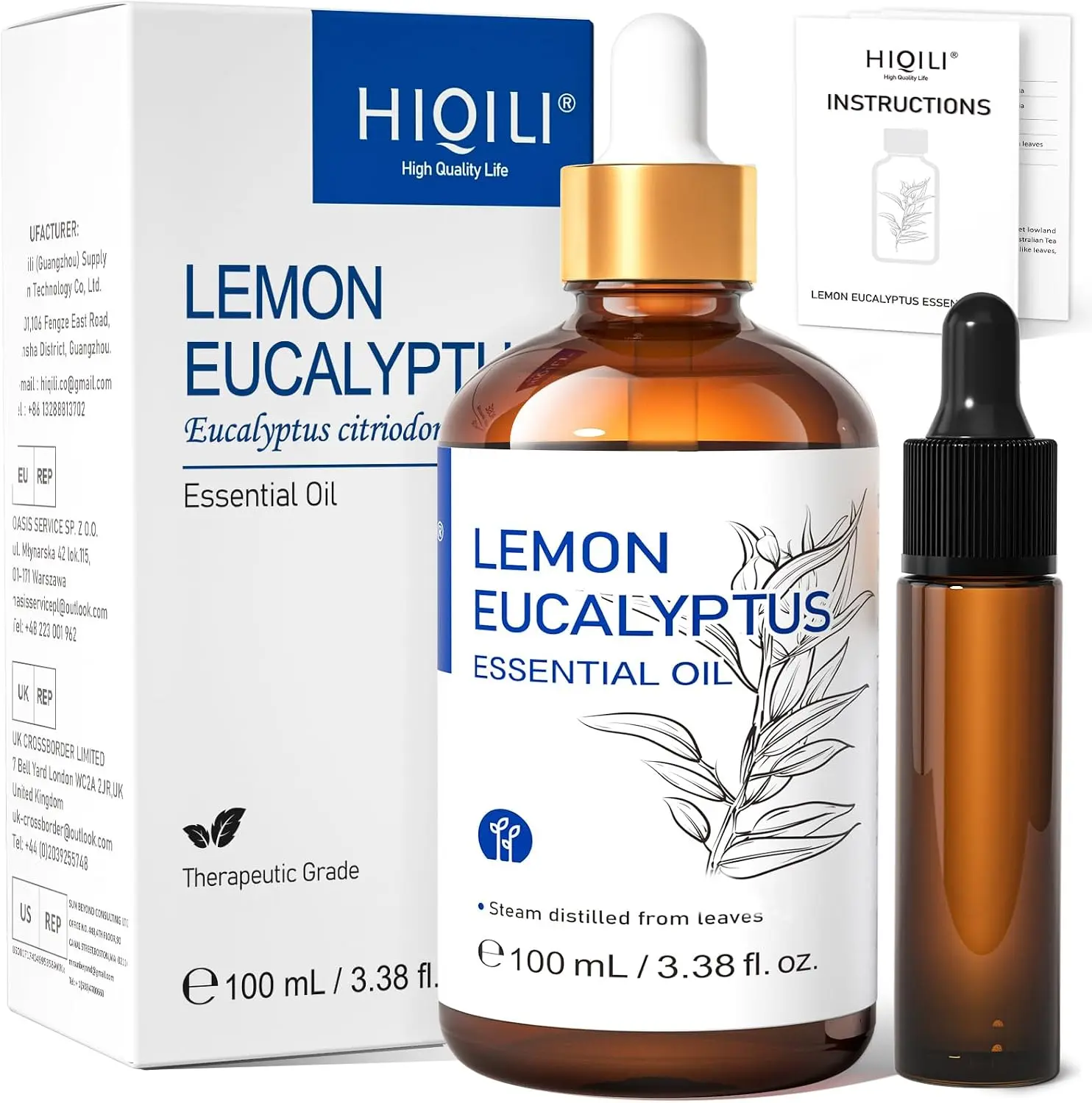 HIQILI Lemon Eucalyptus Essential Oil for Spray, Aromatherapy & Skin Care Gentle Outdoor Space Protection, Vibrant Fresh Aroma, Multi-Scenario DIY & Home Air Refreshment
