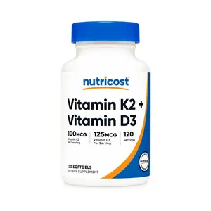 Nutricost Vitamin D3 + K2 (5000 IU D3 / 100mcg MK7), 120 Softgels – Gluten-Free & Non-GMO