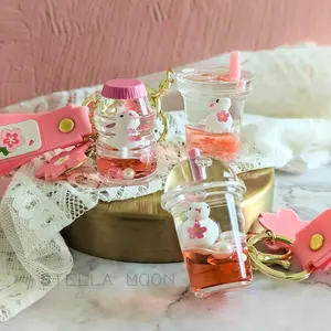 Sakura Liquid Keychain, Rabbit Key Charm, Drink Design, Bunny Accessory, Pink Key Ring, Flower Key Chain, Gift for Her, Cups & Bottles, Gold cute keychain