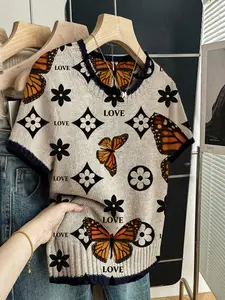 Geometric Butterfly Print Round Neck Sweater, Casual Short Sleeve Knitwear for Spring Summer Fall, Comfortable Warm Women's Clothing