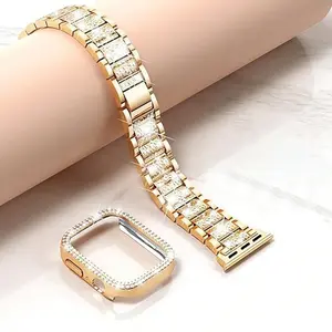 2-Piece Set Rhinestone Strap & Dual Row Diamond Case for Iwatch 40mm-46mm, Smart Watch Accessories, Smart Watch Straps, Fashion Metal Chain Wristband, Compatible Apple Watch Series 1-4/se