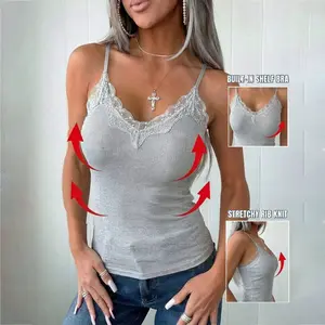 ChicMe Women's French Style V-Neck Spaghetti Straps Lace Spliced Top Slim Fit Ribbed Cami Top with Built-In Bra