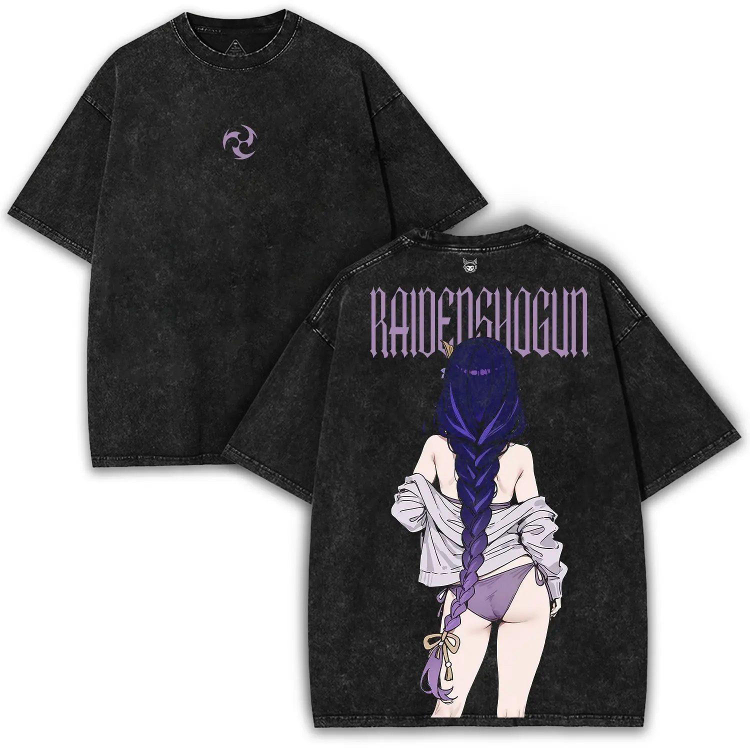 Vintage Washed Raiden Shogun x Genshin Impact Oversized Tee – Electro Archon Back Pose Graphic | Anime Gamer Collector Shirt Cotton Menswear