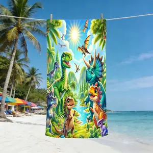 Childish Dinosaur Adventure Beach Towel, Flat Print, Explorer Style Design, Lightweight Soft Quick Dry, Sandproof Sun Protection, Quick Drying Towel