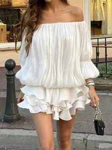 Off Shoulder Boho Style Woven Fabric Dress, Loose-Fit Design for Fall & Winter Holidays, Fashiin Style Y2K Elegant Solid Mini Comfortable Womenswear