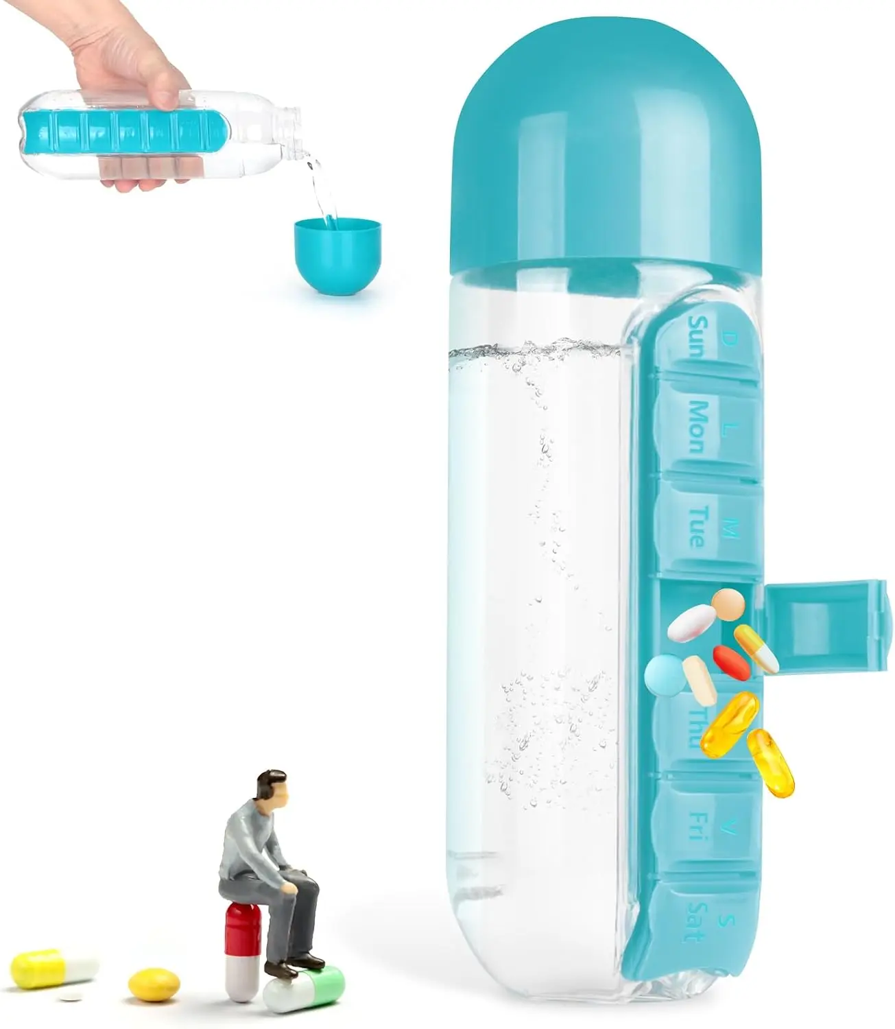 Portable Pill Box Water n 1 Water Bottle pill Box Storage Box,20 oz Daily Sports Water Bottle with Pill Box Organizer 7 Days Capsule Organizer