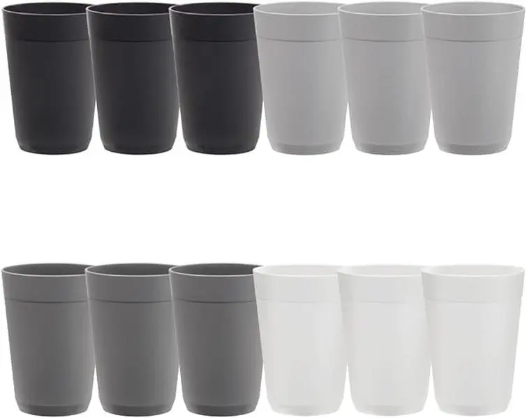 Newport 10 ounce Unbreakable Plastic Stackable Juice Tumblers in Grey Stone | Set of 12 Drinking Cups | Reusable, BPA-free, Made in the USA, Top-rack Dishwasher and Microwave Safe