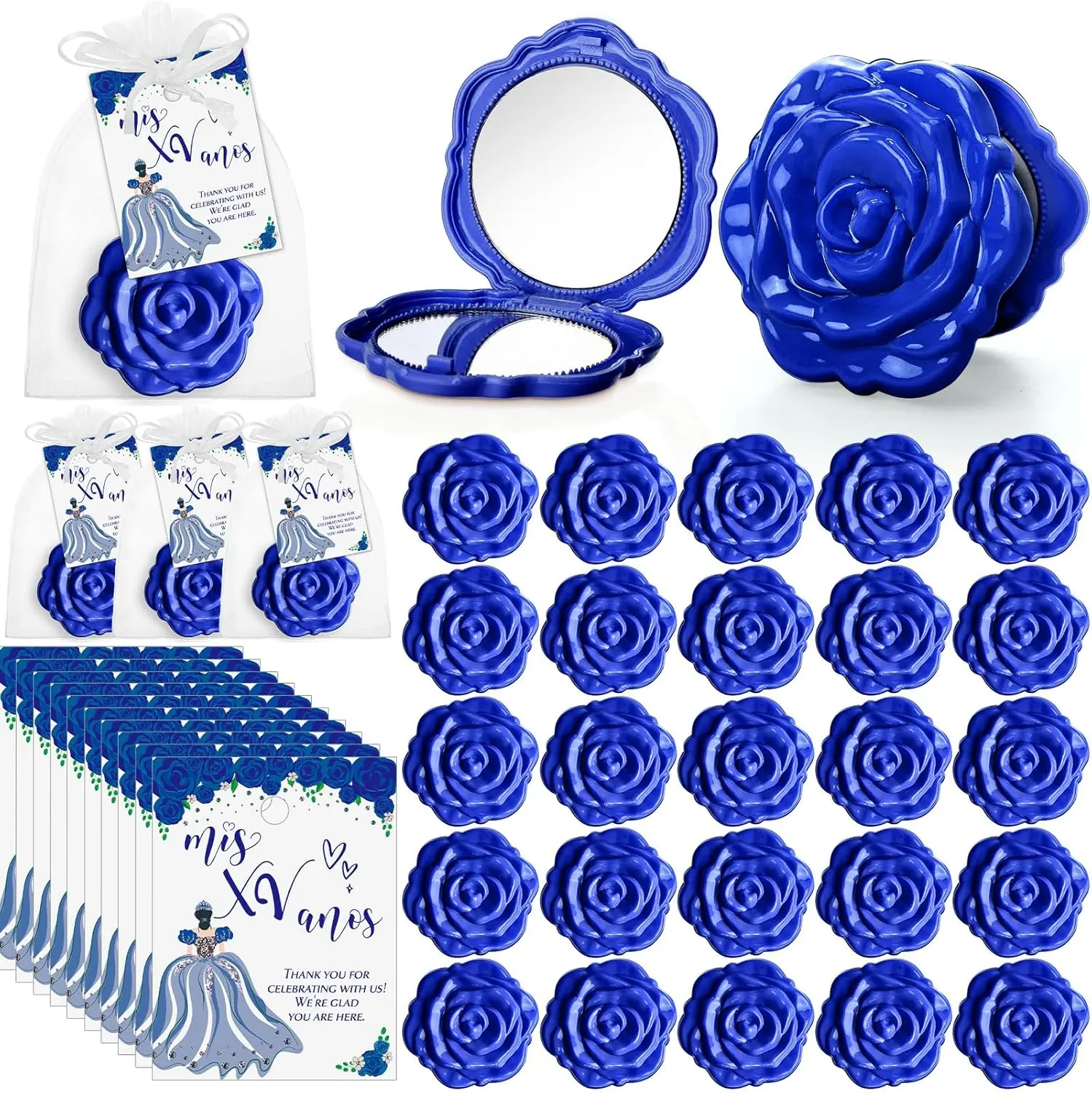 30 Sets Quinceanera Party Favors for Guests Rose Design Compact Pocket Mirrors Quinceanera Cards Thank You Gift and Organza Bags Birthday Party Favor