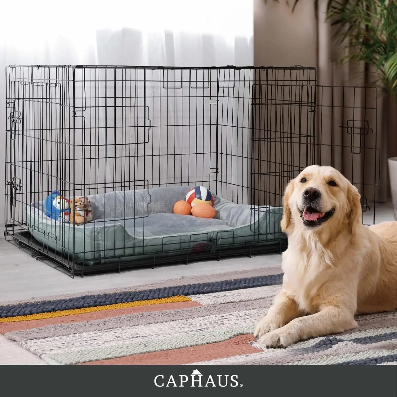 CAPHAUS Foldable Dog Crate Wire Metal Dog Kennel w/ Leak-Proof Pan & Protecting Feet & Divider Panel, Small, Medium & Large Dog Crate Indoor Wire Dog
