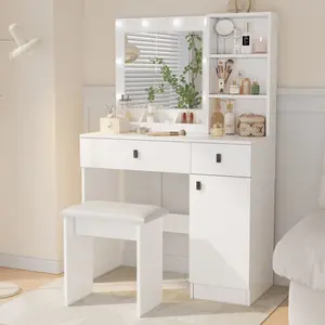 Modern 35" White Makeup Vanity Desk with Mirror, Adjustable 3-Color Lights, 2 Drawers, Shelves & Cushioned Stool - Furniture for Bedroom Organization & Storage, Classic Style