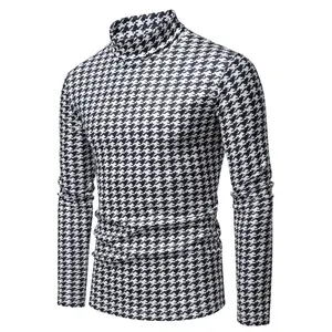 Static Cuff Men's Spring and Autumn Turtleneck Houndstooth Fleece Pullover Fashion Casual High Elasticity All-match Men's Shirt