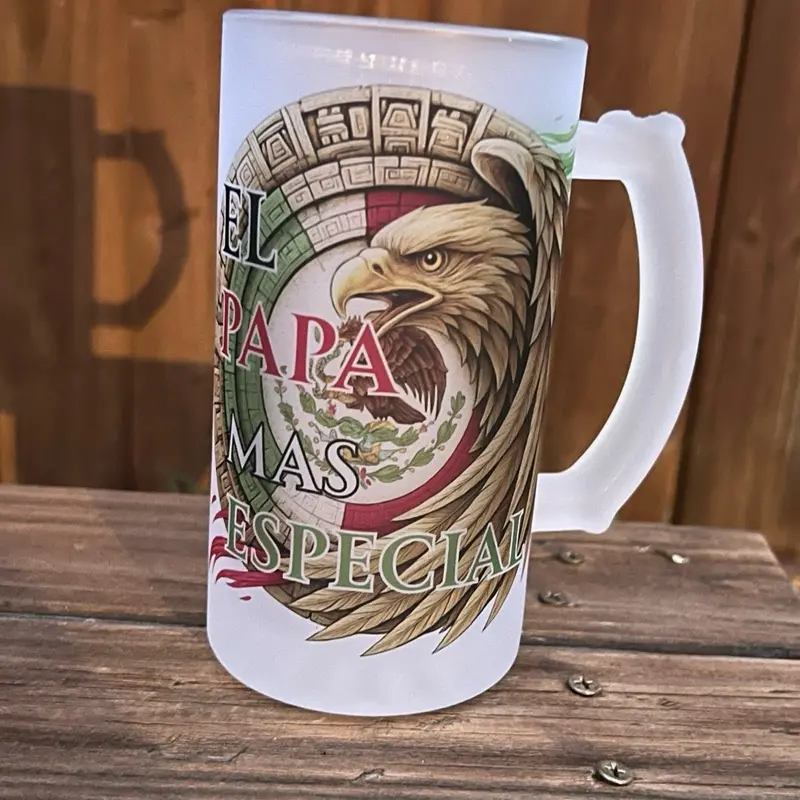 El Papa Mas Especial 16 oz Beer Mug Drinkware Cup with Eagle Design and Text