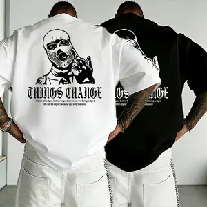 Streetwear brand “THINGS CHANGE” short-sleeve T-shirt with gang mask print, oversized loose fit, black-and-white two-tone design, dark high-street vibe, a must-have for hip-hop skateboarding outfits, unisex!