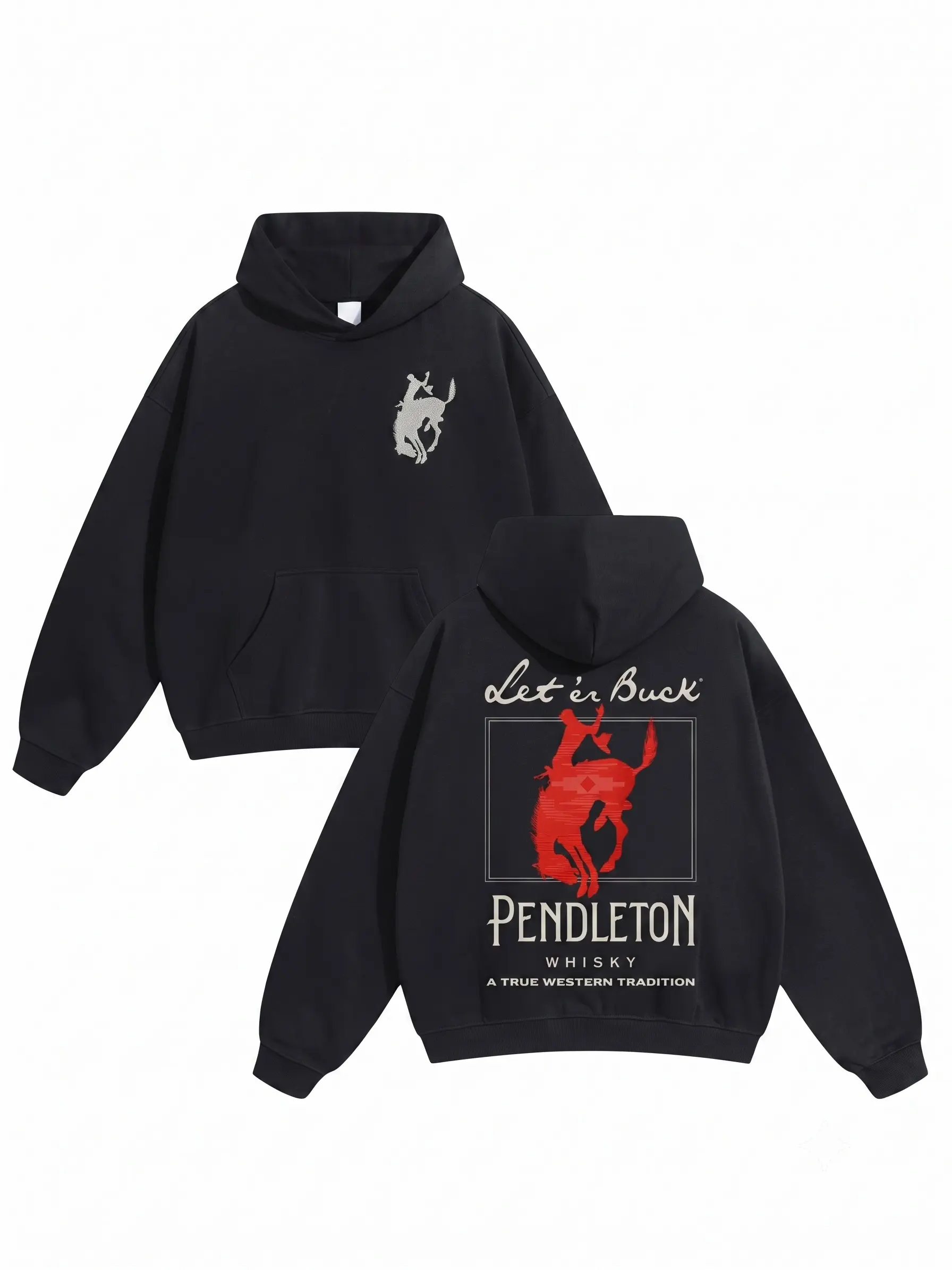 Men's Western Graphic Pullover Hoodie - Menswear Tops, Long Sleeve Let 'Er Buck Rodeo Sweatshirt, Soft Cotton-Blend Oversized Streetwear for Fall Country Music Festival Outfits