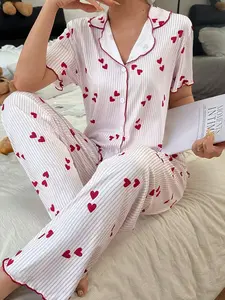 Dream Adore Women's Watermelon Pink Knitted Pajama Set With Red Heart And Stripe Pattern Short Sleeve Top Long Pants Casual-Young Style Heart Print Pajama Set Striped Pajama Set Pajamas Set For Woman Short Sleeve Pajama Set