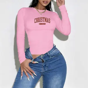 1pc Christmas An Elegant And Versatile Women's Round Neck Long Sleeve Slim Fit T-Shirt, Vintage Y2K  Fashion Clothes, Back To School Clothes Sale, Fall Clothes For Women Tops