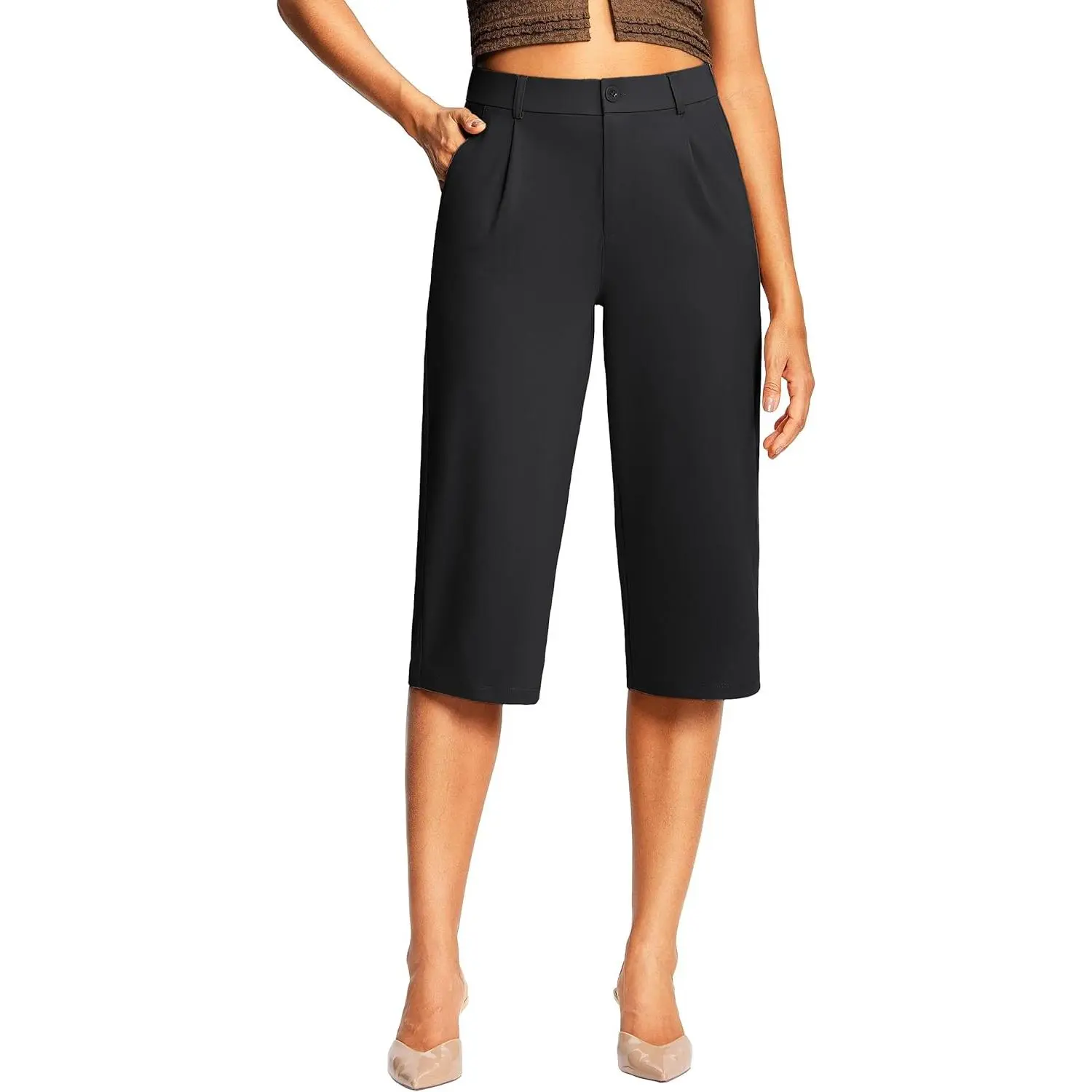 ISEEGZ 18" Capri Pants for Women Wide Leg Stretchy Casual Capris Pleated Dress Pants with Pockets Business Lounge Work