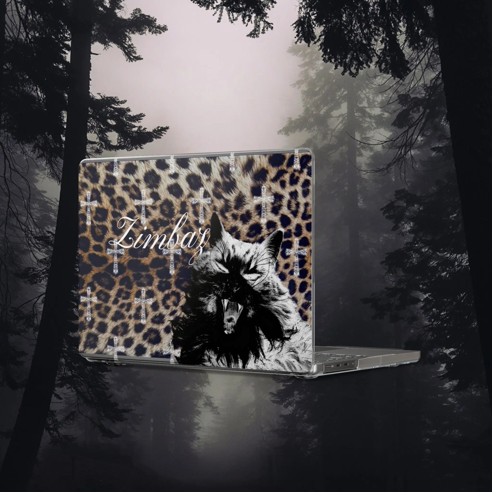 ZimbaZ Cat Portrait Leopard Print Clear MacBook Case | Personalized Name Option