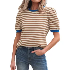 Women's Puff Short Sleeve Striped Ribbed Knit Crewneck Casual Basic T-Shirts Summer Tops 2026 Trendy