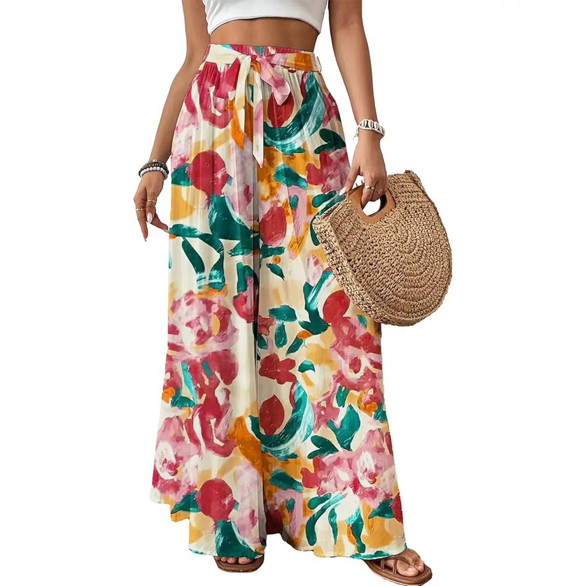 Bsubseach Wide Leg Pants Woman Flowy Floral Palazzo Pants for Women High Waisted Summer Casual Trousers Cruise Outfits
