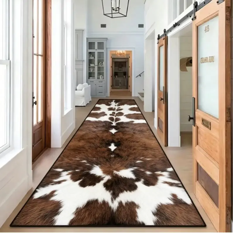 Cow Print Faux Hide Runner Rug, Farmhouse Animal Skin Long Hallway Rug, Non Slip Low Pile Entryway Floor Mat for Kitchen Bedroom Farm Home Decor, Multiple Sizes