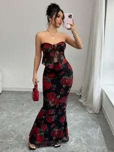 Women's Rose Print Tube Top &   Bodycon Skirt Set, Elegant Floral Fashion Casual Two-piece Outfits for Daily Outdoor Wear, Women Clothing for Summer
