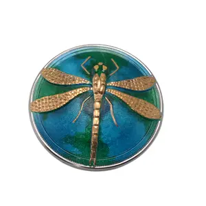 Czech Glass Dragonfly Button 40mm - Blue Green Enamel with Gold Accent