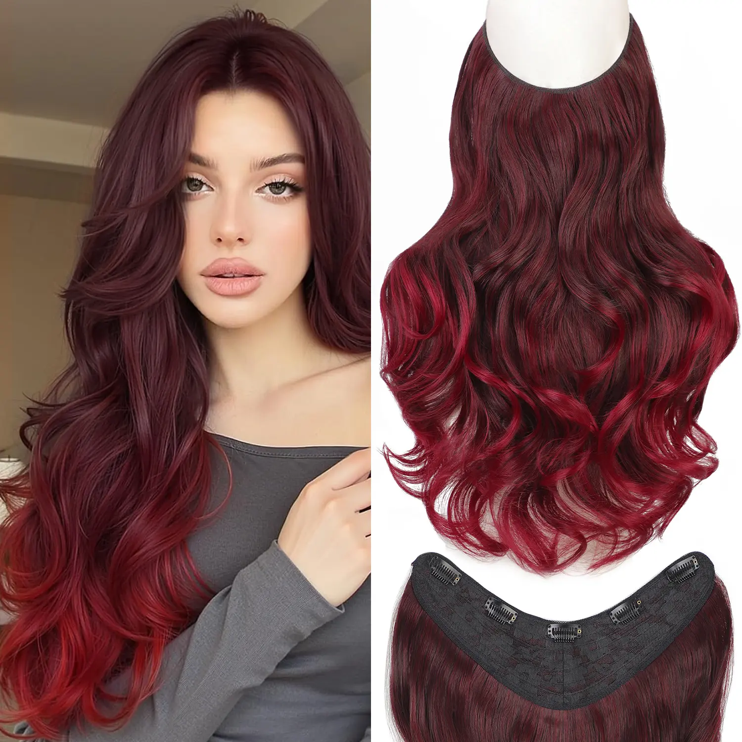 Premium Wine Red Ombre Clip-in Synthetic Fiber Extensions, 20-Inch Layered Wavy Soft Silky Full Head Hairpieces for Daily, Party Wear