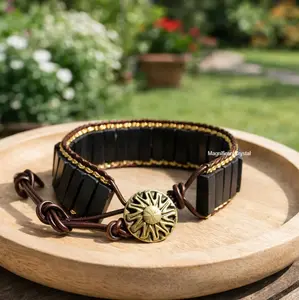 Black Obsidian Bracelet Leather Braided Protection & Strength Talisman Jewelry