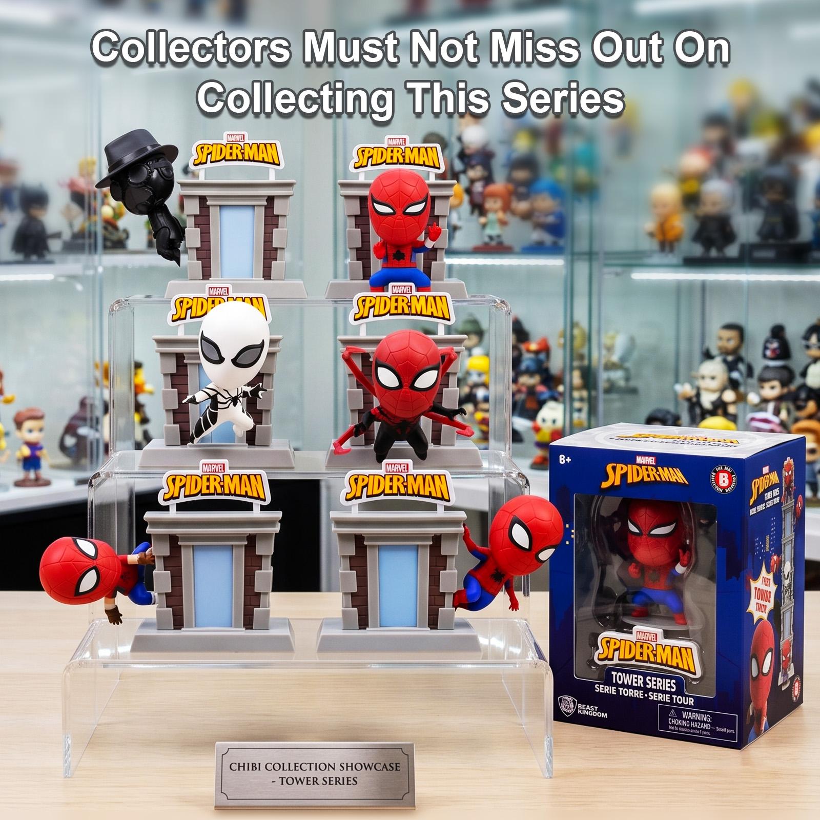 Official Marvel Spider-Man HeroBox Tower Series Mini Figure Set of 6, Window Box Collectible Toy Gift for Fans