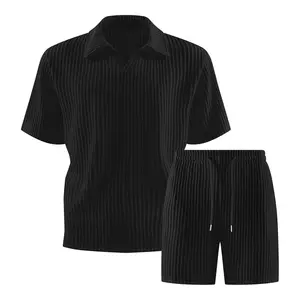 Ribbed-Knit Vertical Ribbed Johnny Collar 2-Piece Set for Men, Textured Polo Top & Drawstring Shorts for Casual Everyday & Street Style