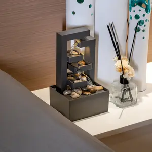 Tabletop Water Fountain 4-Tier Cascading Waterfall with Natural River Rocks, Soothing Flowing Water Sound Indoor Desk Water Feature for Home Office Bedroom Meditation Decor, Zen Relaxation Stress Relief Desktop Fountain