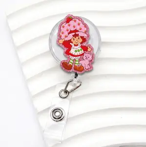 Strawberry Doll & Cat Badge Reel, ID Card Holder, Nostalgic Sweet ID Clip, Perfect for Strawberry Doll Supporters, Cute Accessory, Gift For Her