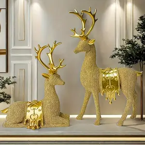 Artistic Deer Statues Set of 2, Silver Color Glitter Details, Chip Carving Sculptures for Christmas Thanksgiving New Year Home Decor, Decorative Sculptures
