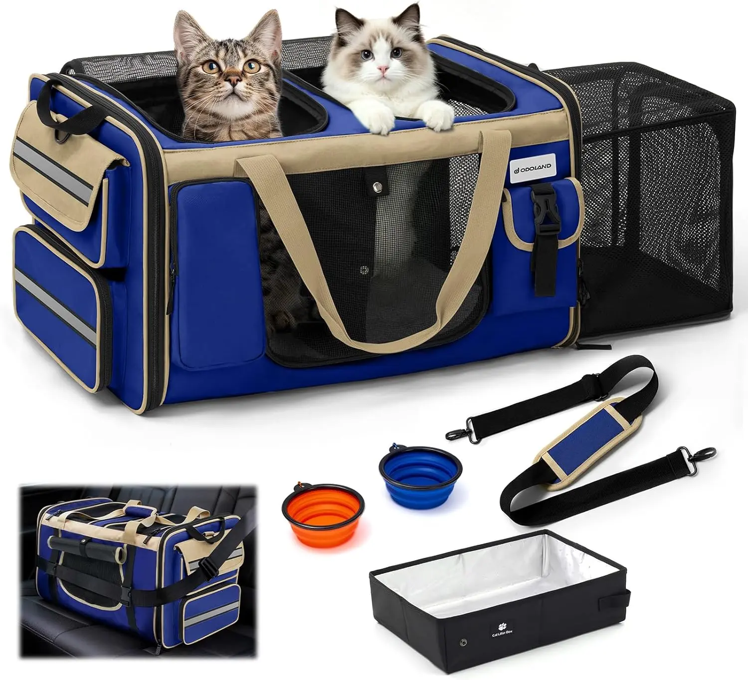 Odoland Expandable Extra Large Cat Carrier for 2 Cats with Litter Box for Kitten, Large Cat Small Dog Pet - Collapsible Double Cat Large Pet Carrier for Car Travel Outdoor Camping