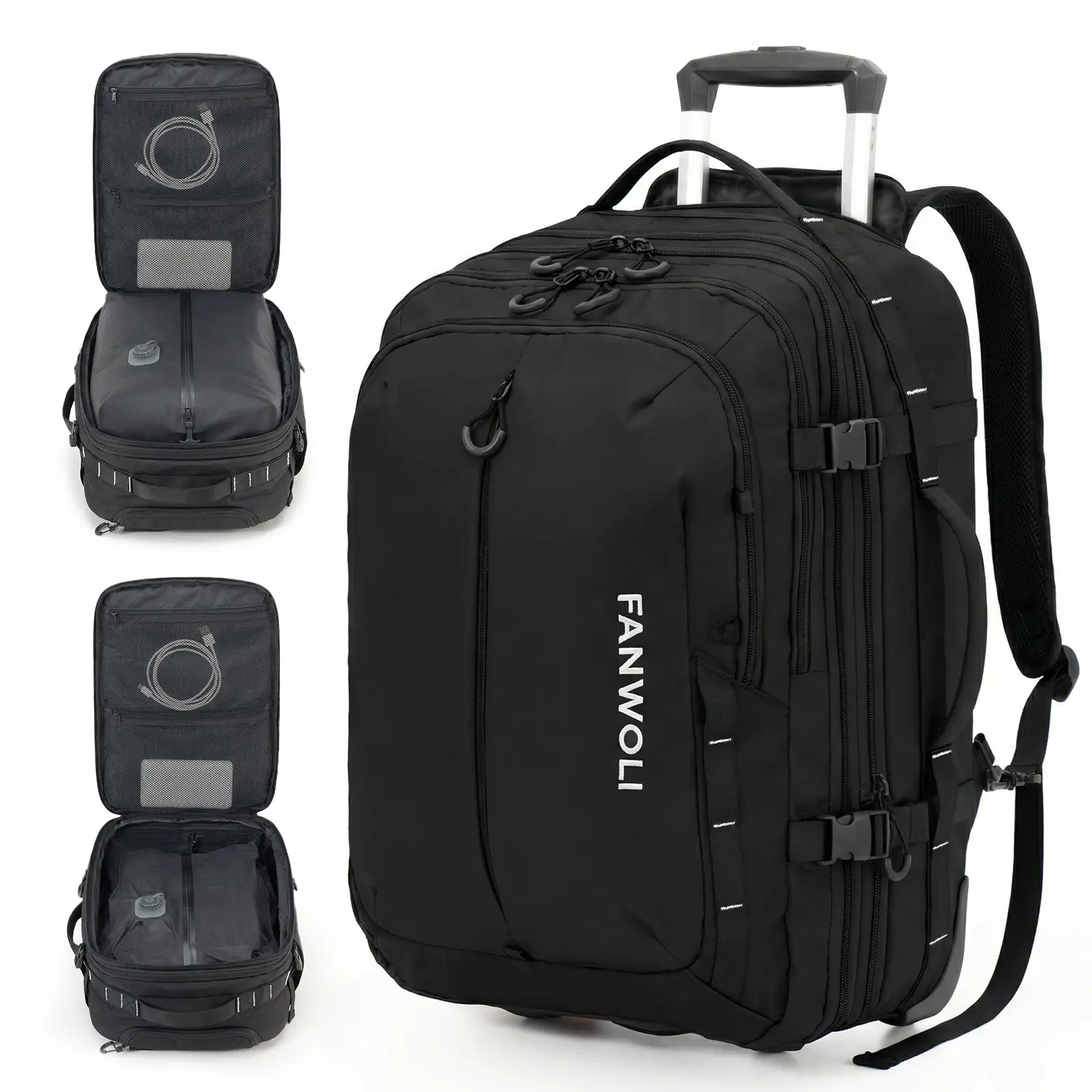 Fanwoli Rolling Vacuum Backpack Travel with One-Button Compression, 55L Expandable, Water Resistant Carry-On Suitcase Luggage, Ideal for Outdoor/Family/Trips