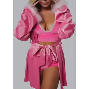 Strawberry Crème Robe | Faux Silk & Fur | Daydream Sleepwear | Luxury Dressing Robe for Women | Pink