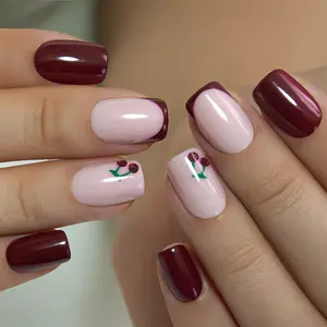 Curvlife short squoval cherry False Nails french pink glossy shiny for winter Easy Apply Nail Art